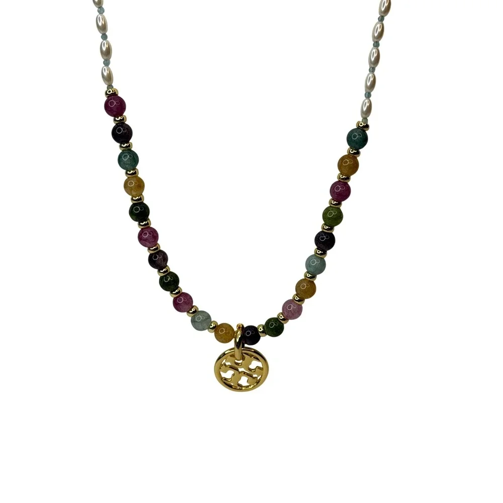 Tory Burch Miller Mixed-Materials Pearl and Multi-Stone Beaded Necklace Gold NWT